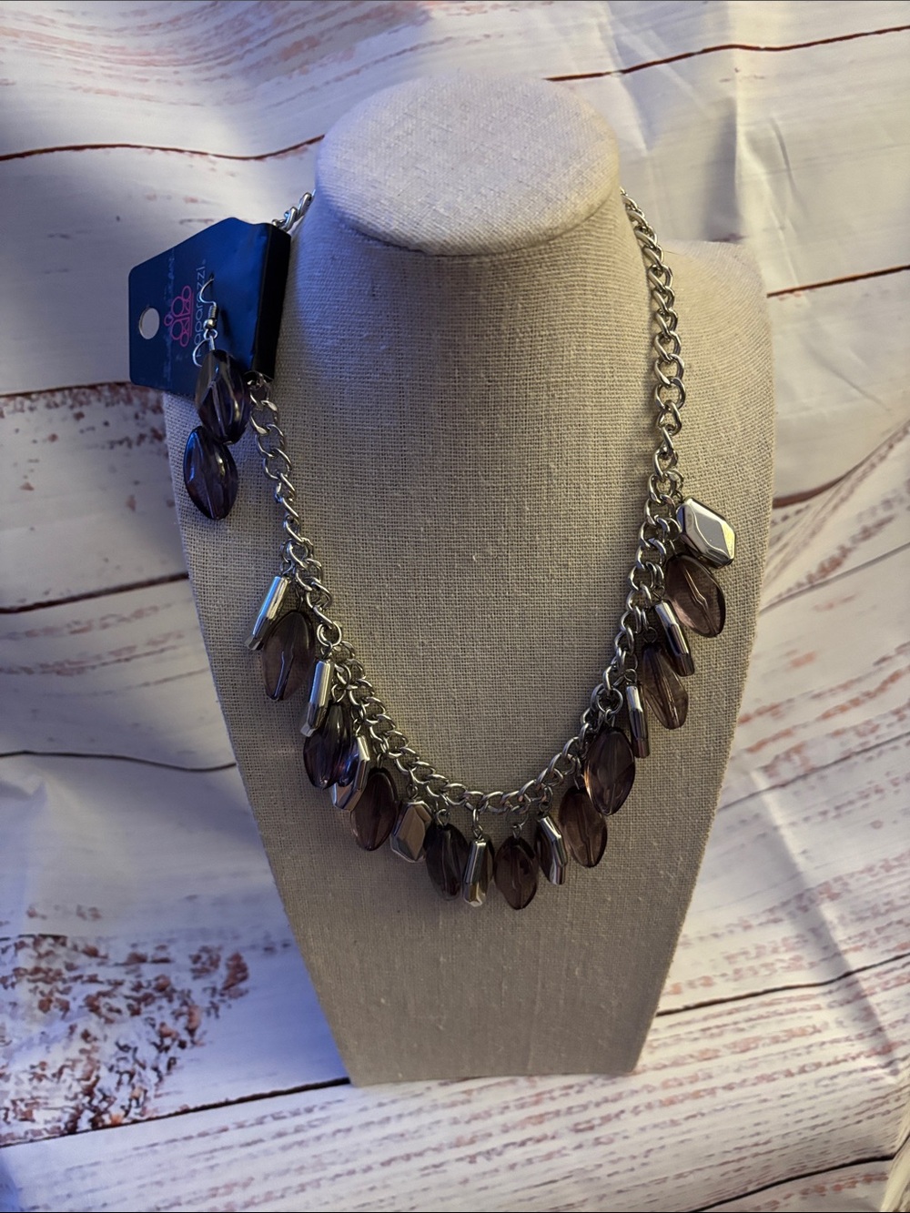 Paparazzi silver-tone necklace with smoky plum beads